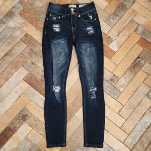 Indigo Rein Dark Blue Distressed Ankle Jeans